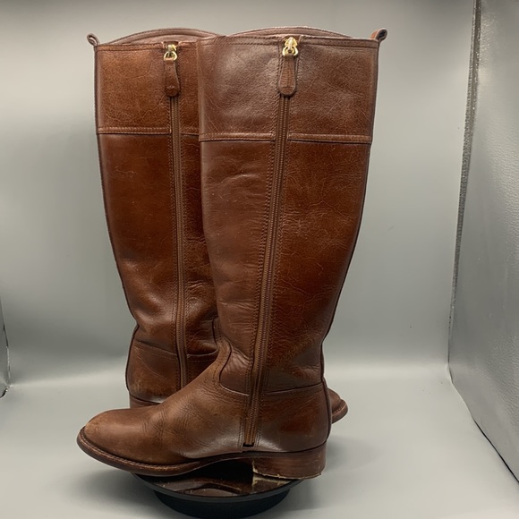 Tory Burch Kiernan Brown Leather Gold Hardware Logo Riding Boots Size 5M - Picture 2 of 8